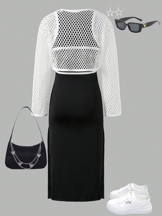 Tween Girl Hollow-Out Short Jacket And Fitted Knit Dress Set