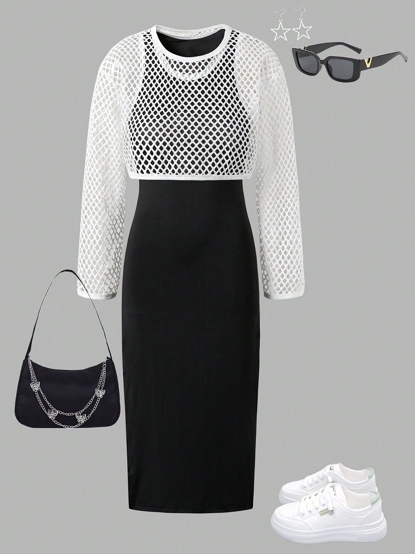 Tween Girl Hollow-Out Short Jacket And Fitted Knit Dress Set