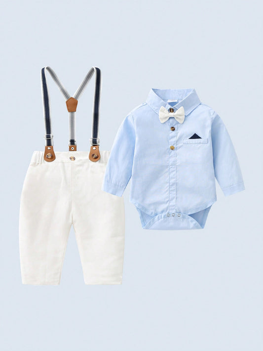 Baby Boys Gentleman Outfit, Blue Long Sleeve Shirt With Bowknot And Overalls