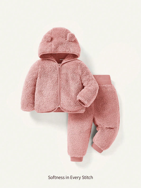 Cozy Pixies Baby Girl Hooded Fleece Jacket & Belly-Covering Long Pants 2 Pieces Set