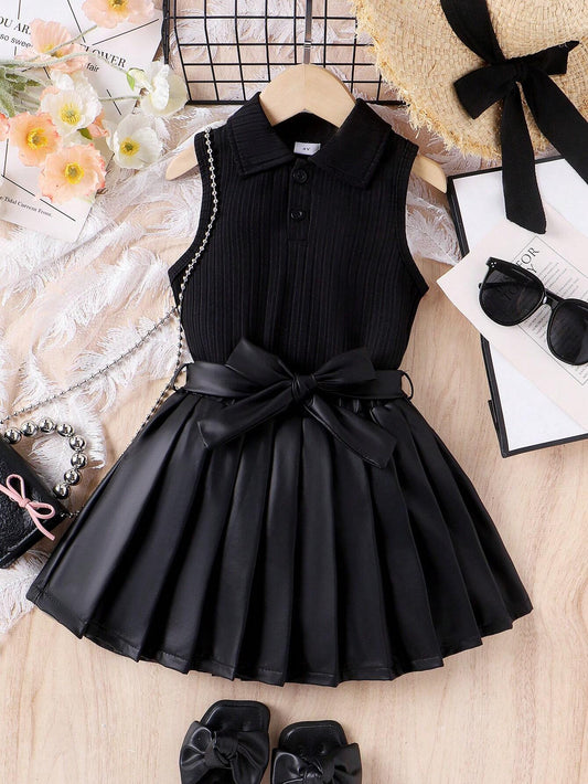 Mummy & Mee 3Pcs Set Black Elegant Collared Vest With Belt & Pleated Skirt For Young Girls 7Y