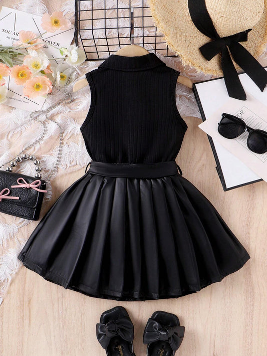 3Pcs Set Black Elegant Collared Vest With Belt & Pleated Skirt