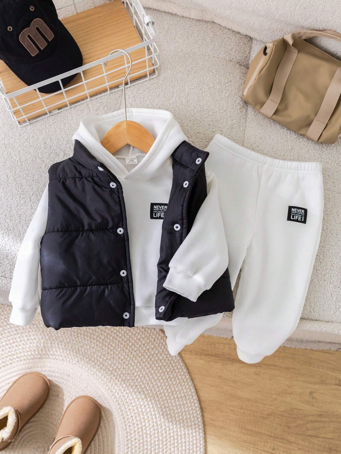 3pcs/Set Baby Boy/Girl Casual Fleece Vest, Grey Hoodie Sweatshirt And Jogger Pants