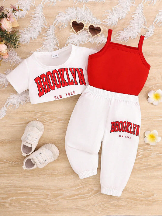 3pcs Baby Girl Casual Letter Printed T-Shirt, Tank Top And Pants Set