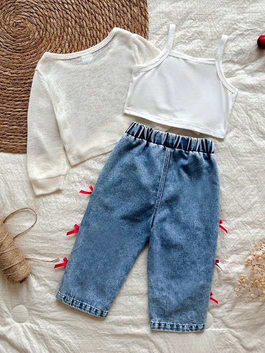 Long Sleeve Top, Pink Cherry & Letter Print Camisole, Blue Wide Leg Jeans With Red Bow Decor