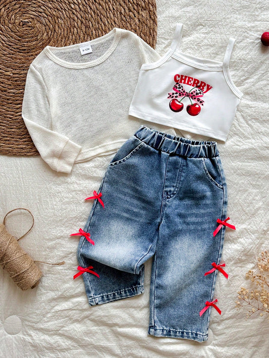 Long Sleeve Top, Pink Cherry & Letter Print Camisole, Blue Wide Leg Jeans With Red Bow Decor