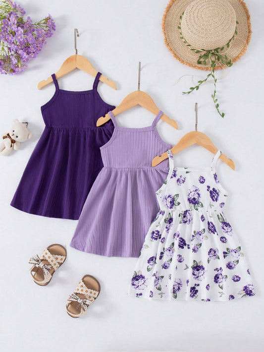 3pcs Baby Girls Floral Print Solid Ribbed Button Camisole Dress Set