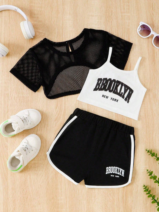 Printed Hollow Out Mesh Fabric Top And Shorts