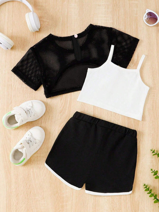 Printed Hollow Out Mesh Fabric Top And Shorts
