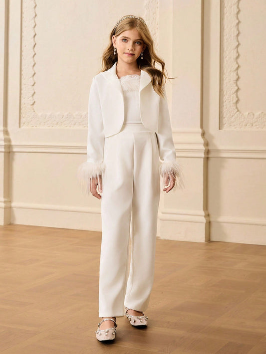 3pcs Girls Modern Blazer Jacket With Faux Fur Cuffs, Ribbed Knit Vest And High Waist Straight Pants Set White