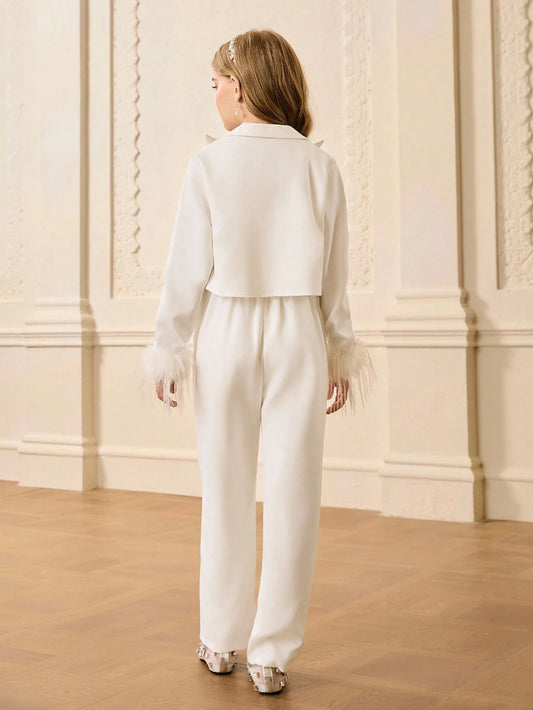 3pcs Girls Modern Blazer Jacket With Faux Fur Cuffs, Ribbed Knit Vest And High Waist Straight Pants Set