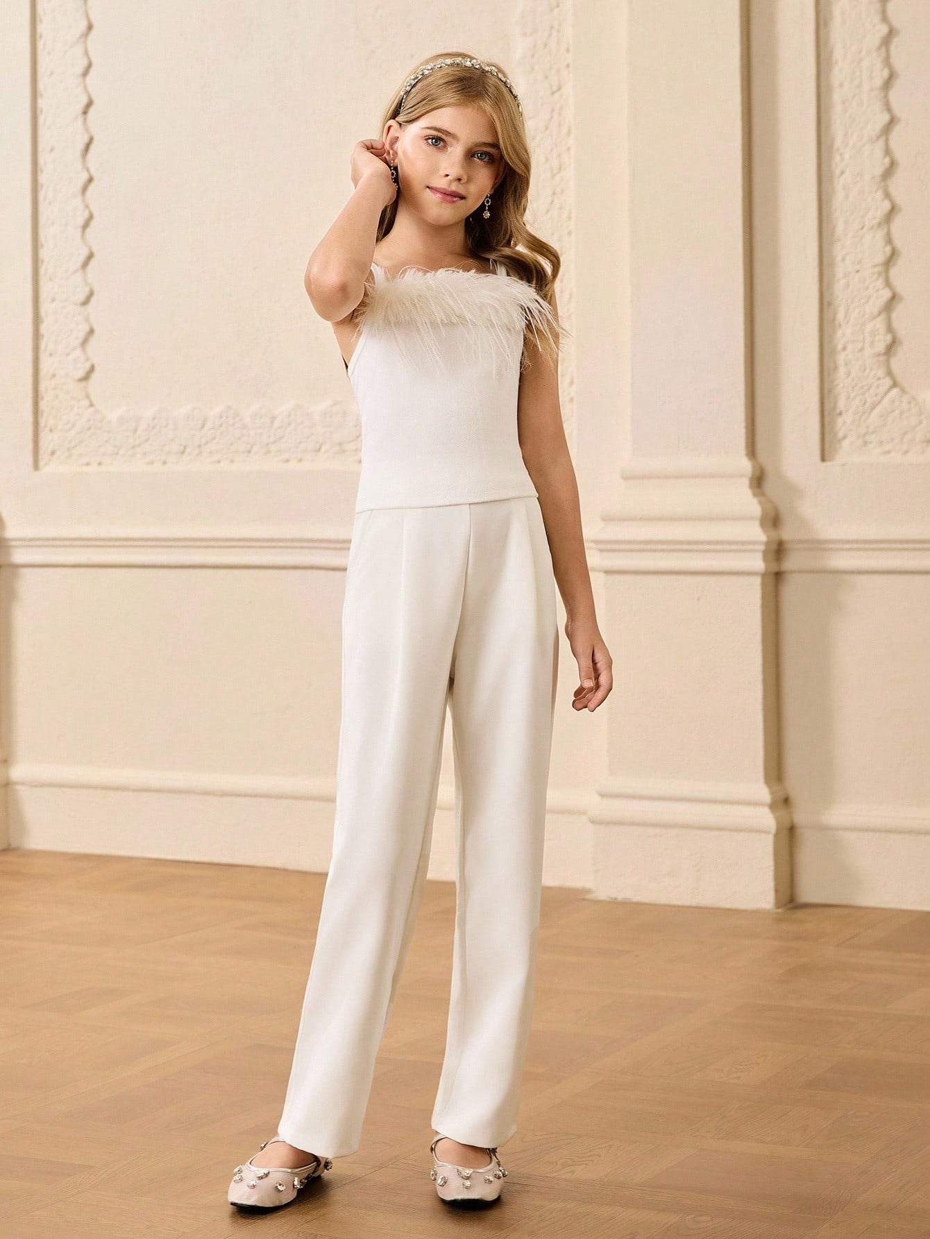 3pcs Girls Modern Blazer Jacket With Faux Fur Cuffs, Ribbed Knit Vest And High Waist Straight Pants Set
