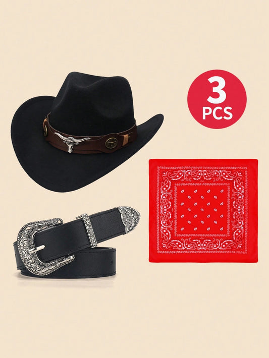 Mummy & Mee 3pcs Kids Western Cowboy Costume Set, Including Cowboy Hat, Belt And Paisley Bandana Black Hat + Belt + Red Scarf