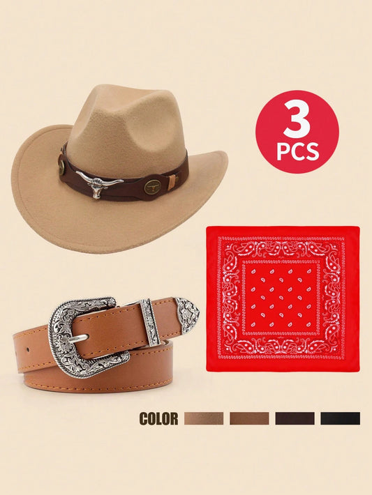 Mummy & Mee 3pcs Kids Western Cowboy Costume Set, Including Cowboy Hat, Belt And Paisley Bandana Camel Hat + Belt + Red Scarf