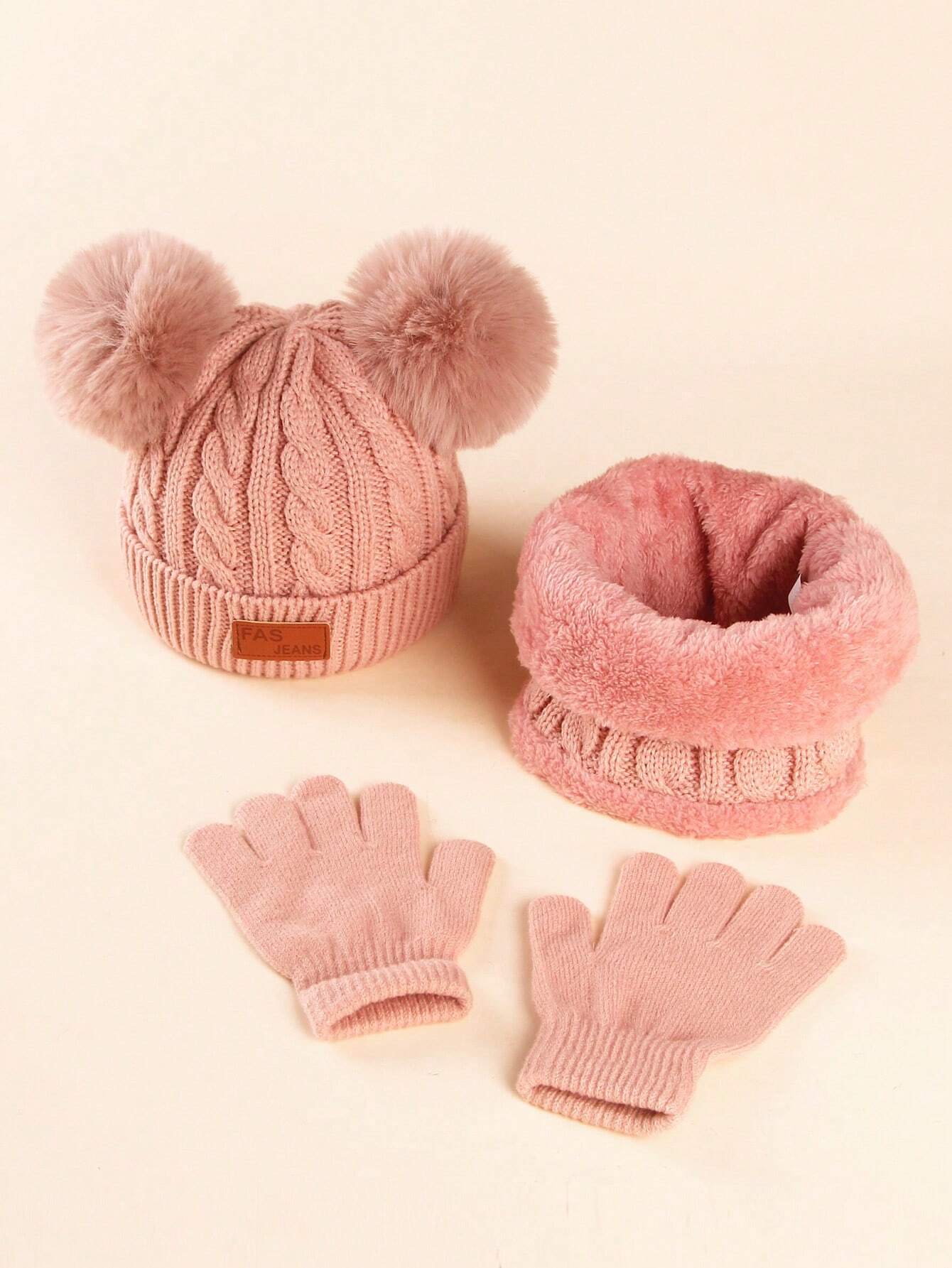 3pcs Kids Winter Knitted Hat, Scarf And Gloves Set Coral Pink