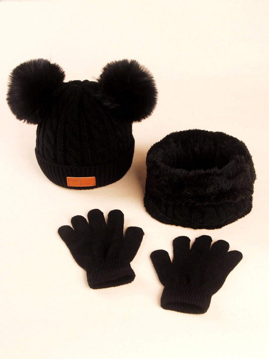 3pcs Kids Winter Knitted Hat, Scarf And Gloves Set Black