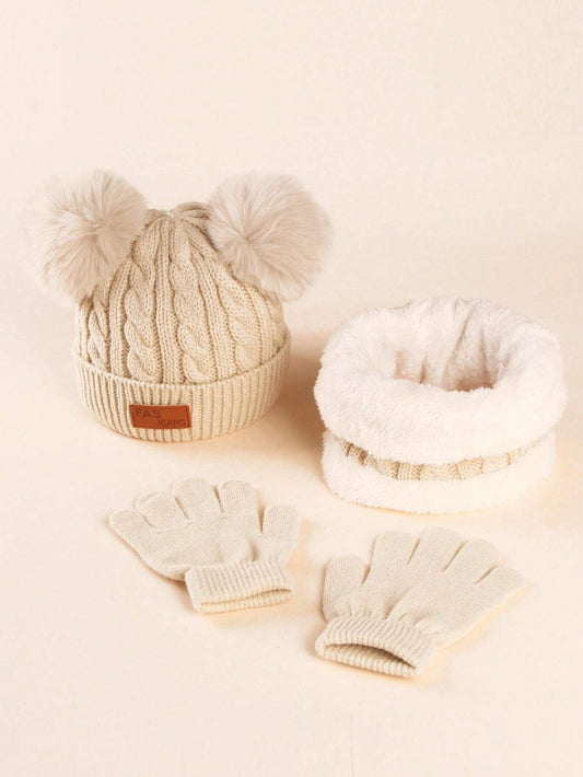 3pcs Kids Winter Knitted Hat, Scarf And Gloves Set Beige