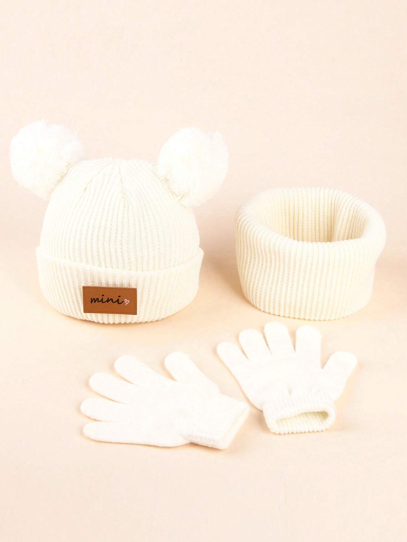 3pcs Kids Winter Knitted Hat, Scarf And Gloves Set White