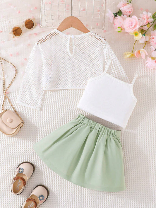 New Solid Color Hollow Mesh Camisole Top And Pleated Skirt Set