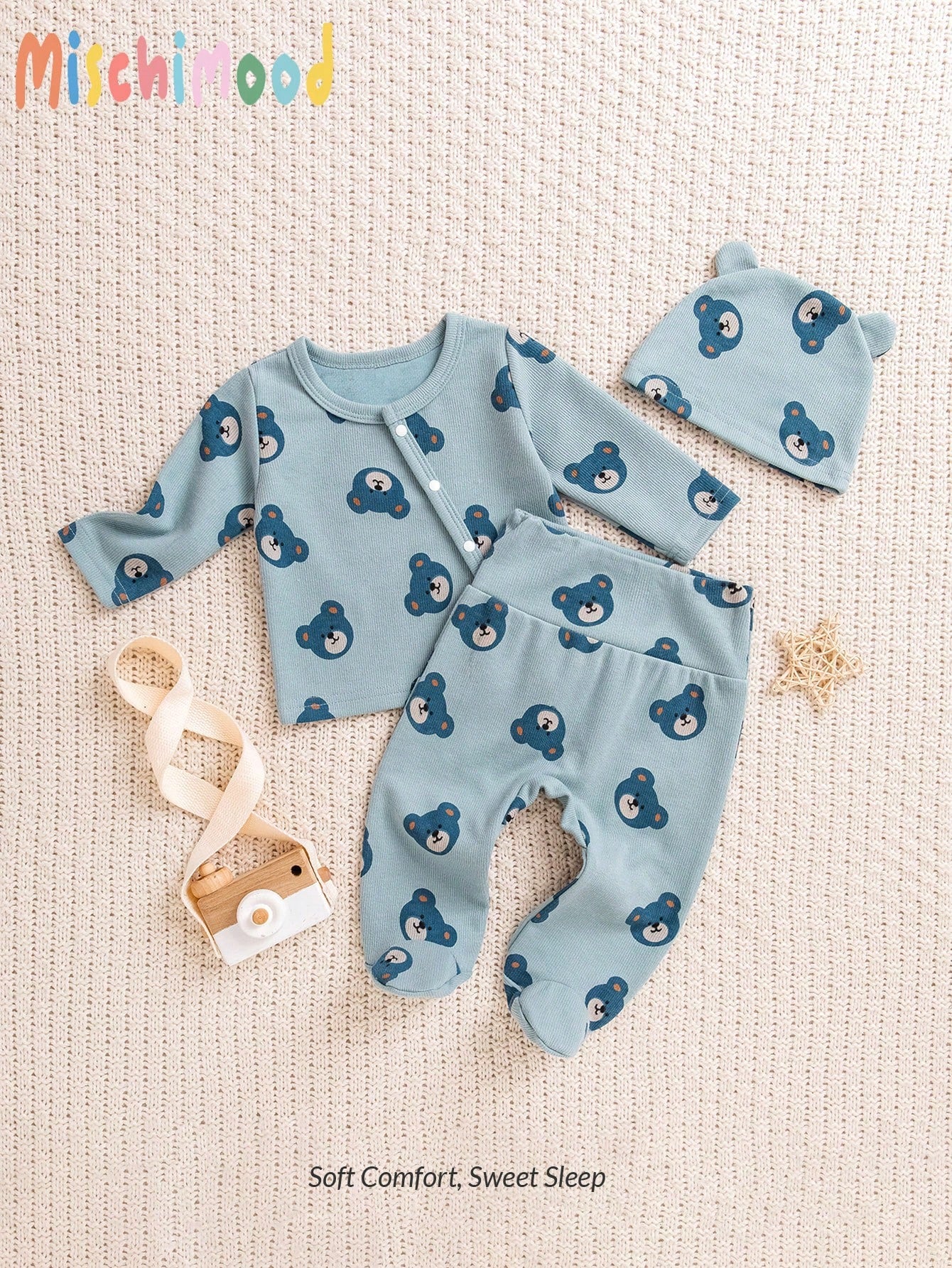 3pcs Newborn Baby Snake Print Long Sleeve Top, Footcover Pants & Hat Set Blue