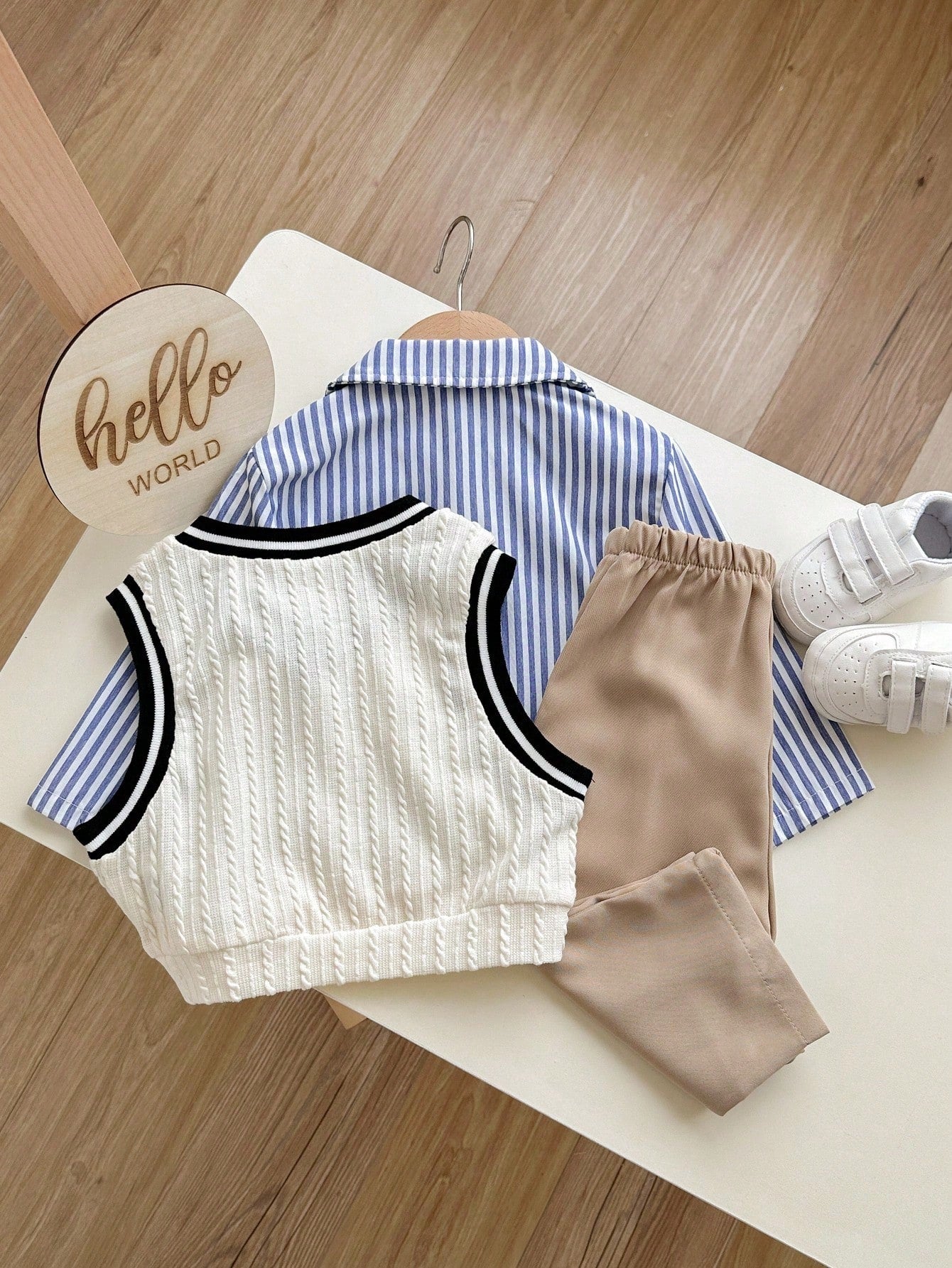 Baby Boy Cute Casual Sporty Colorblock Vest, Striped Shirt, Elastic Waist Pants
