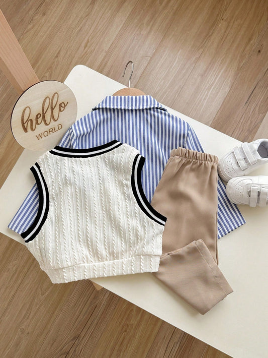 Baby Boy Cute Casual Sporty Colorblock Vest, Striped Shirt, Elastic Waist Pants
