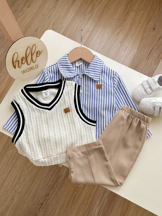 Mummy & Mee Baby Boy Cute Casual Sporty Colorblock Vest, Striped Shirt, Elastic Waist Pants