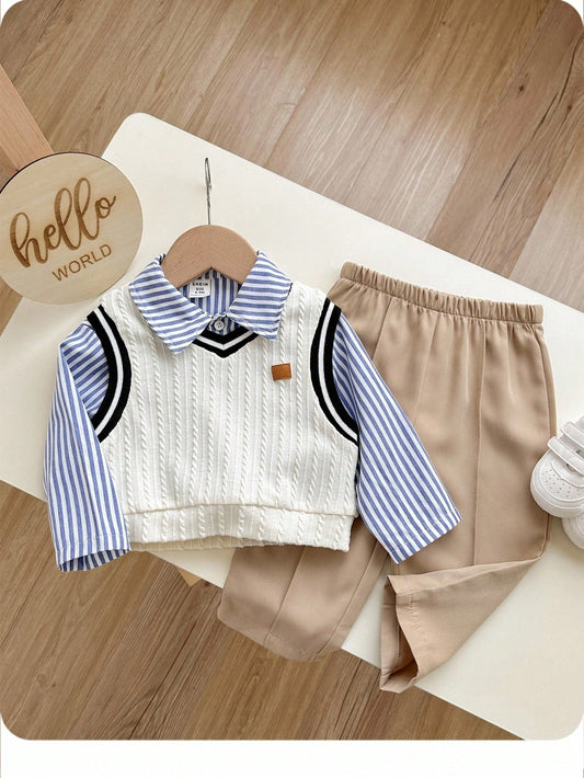 Mummy & Mee Baby Boy Cute Casual Sporty Colorblock Vest, Striped Shirt, Elastic Waist Pants 9-12M