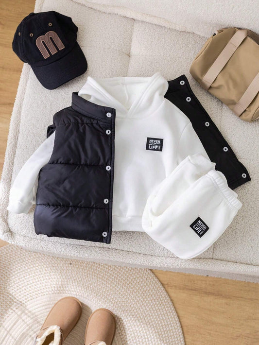 Black Vest Jacket, White Hoodie Sweatshirt, And Pants Set 12-18M