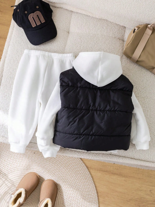 Black Vest Jacket, White Hoodie Sweatshirt, And Pants Set