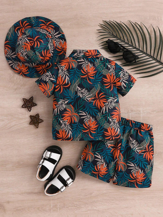 Baby Boys' Fashionable Tropical Plant/Flower Pattern Printed Shirt Collared Top And Short