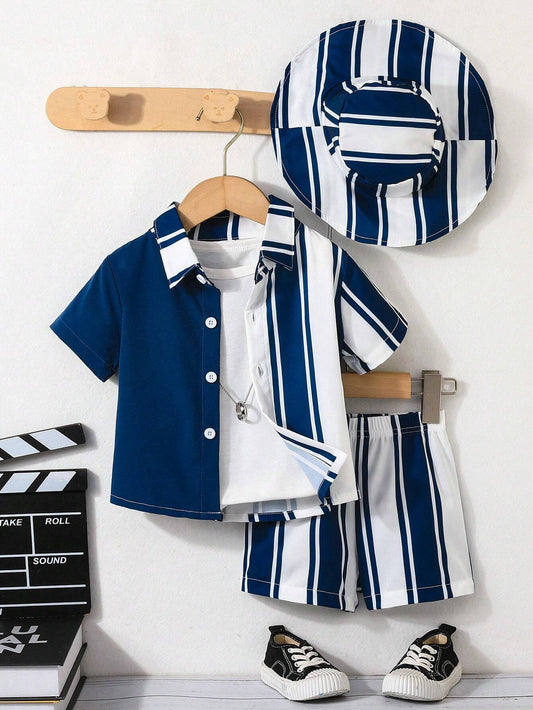 Baby Boys' Summer Casual Striped Short Sleeve Shirt, Shorts And Hat 4Y