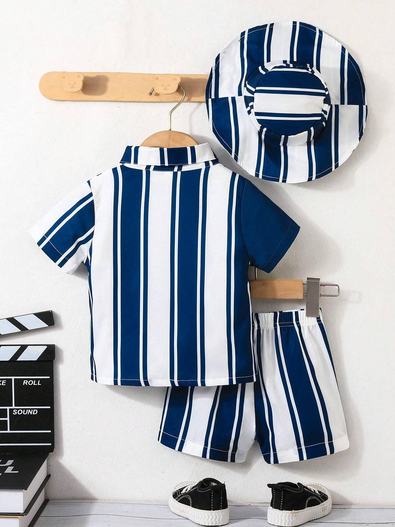 Baby Boys' Summer Casual Striped Short Sleeve Shirt, Shorts And Hat