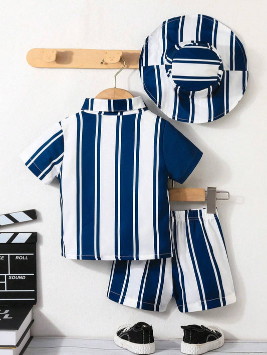Baby Boys' Summer Casual Striped Short Sleeve Shirt, Shorts And Hat