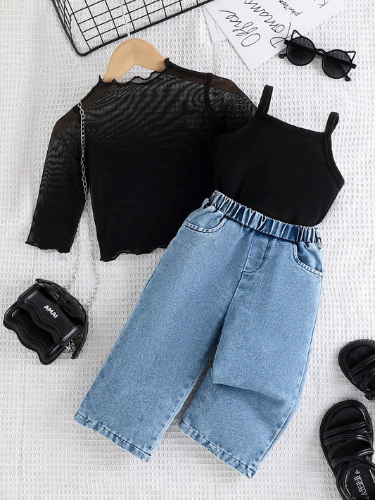 Black Mesh Top, Matching Camisole, And Blue Denim Pants