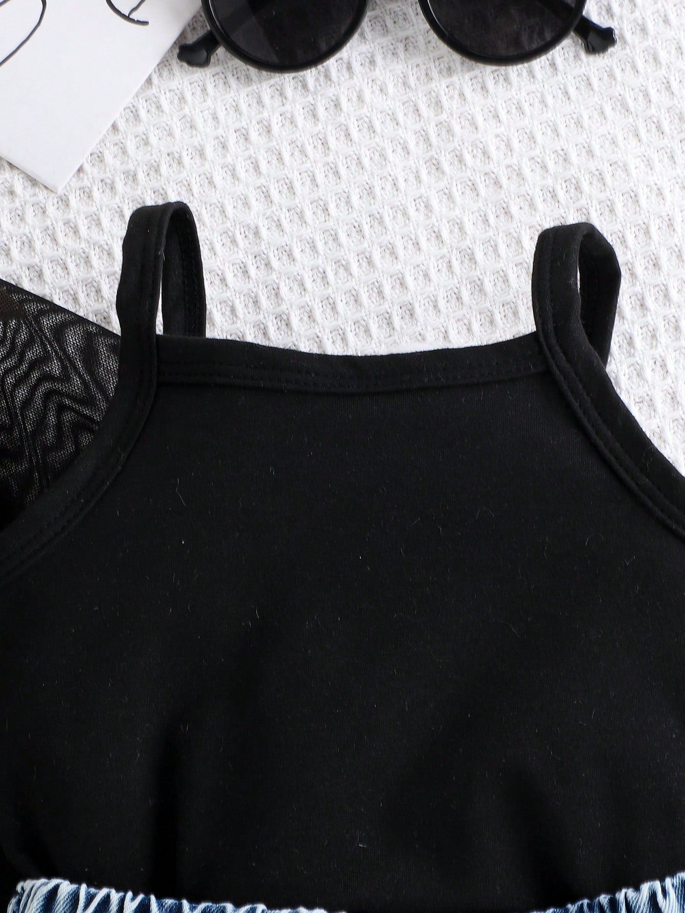 Baby Girl Retro Mesh Top, Matching Black Camisole, And Denim Pants