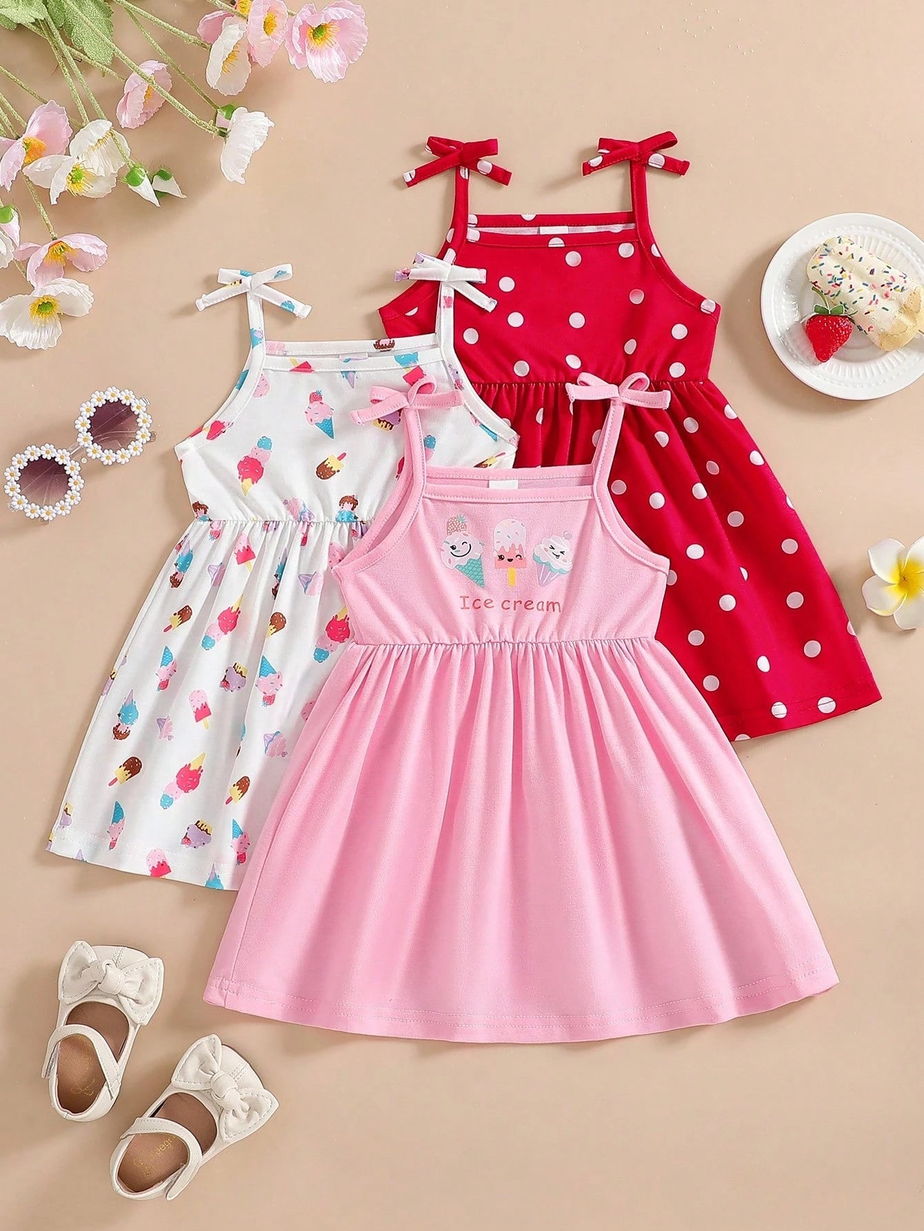 3pcs/Set Baby Girl Ice Cream Embroidered Strap Dress Set