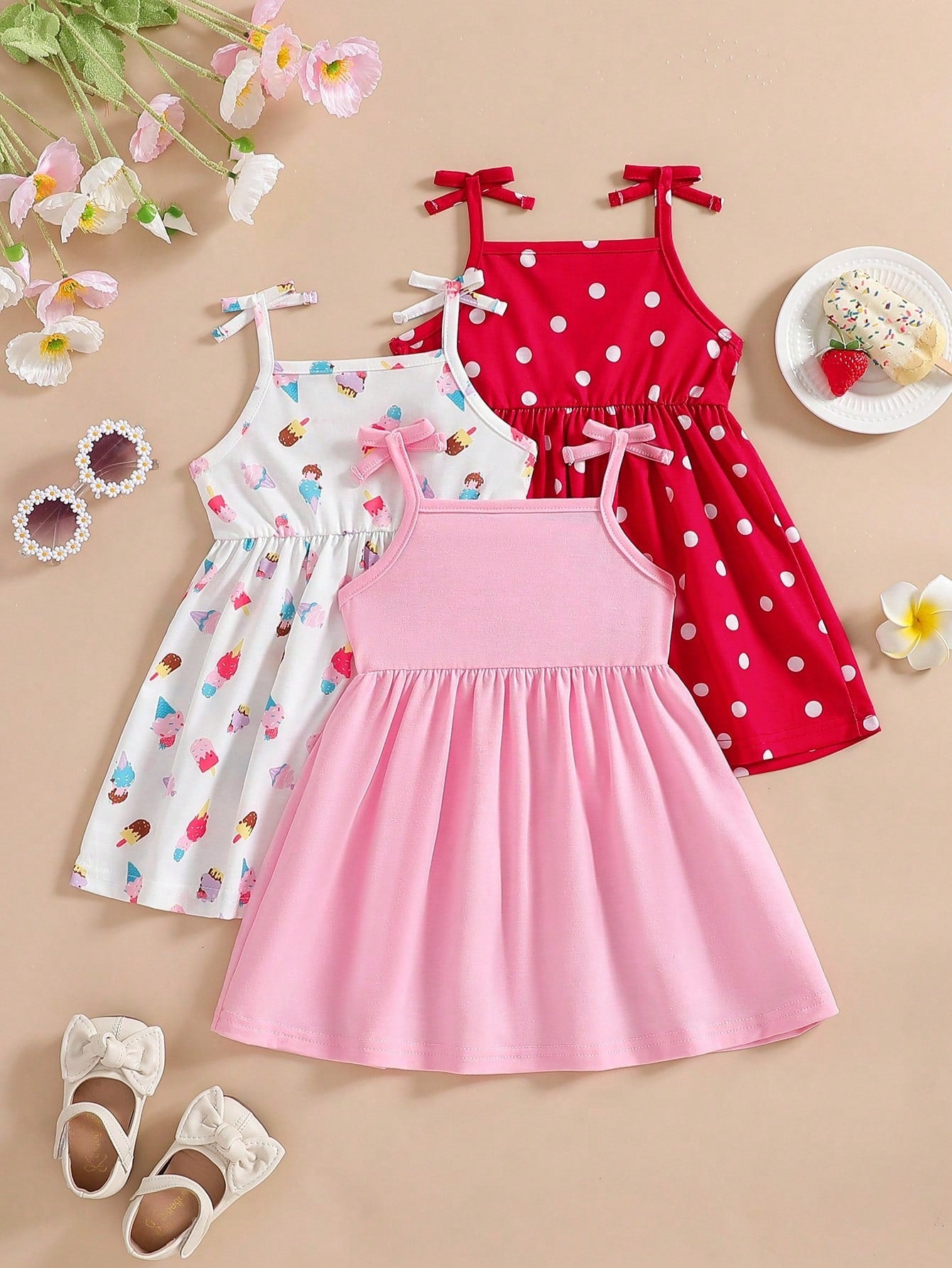3pcs/Set Baby Girl Ice Cream Embroidered Strap Dress Set