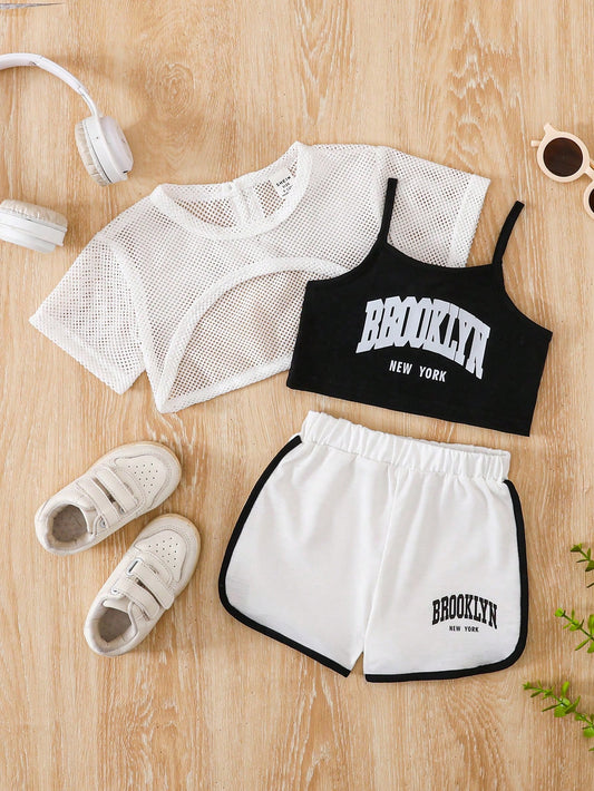 3pcs/Set Baby Girls' Fuchsia Floral Hollow Mesh Fabric Cute Casual Outfits