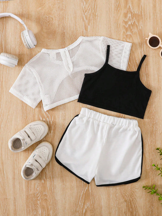 3pcs/Set Baby Girls' Fuchsia Floral Hollow Mesh Fabric Cute Casual Outfits