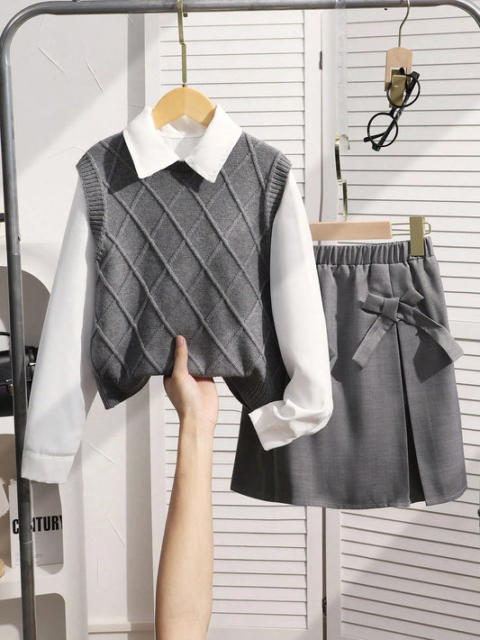 3pcs/Set Girls Argyle Vest Top, White Shirt, And Bowknot Pleated Dress Grey