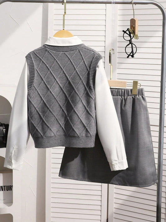 3pcs/Set Girls Argyle Vest Top, White Shirt, And Bowknot Pleated Dress