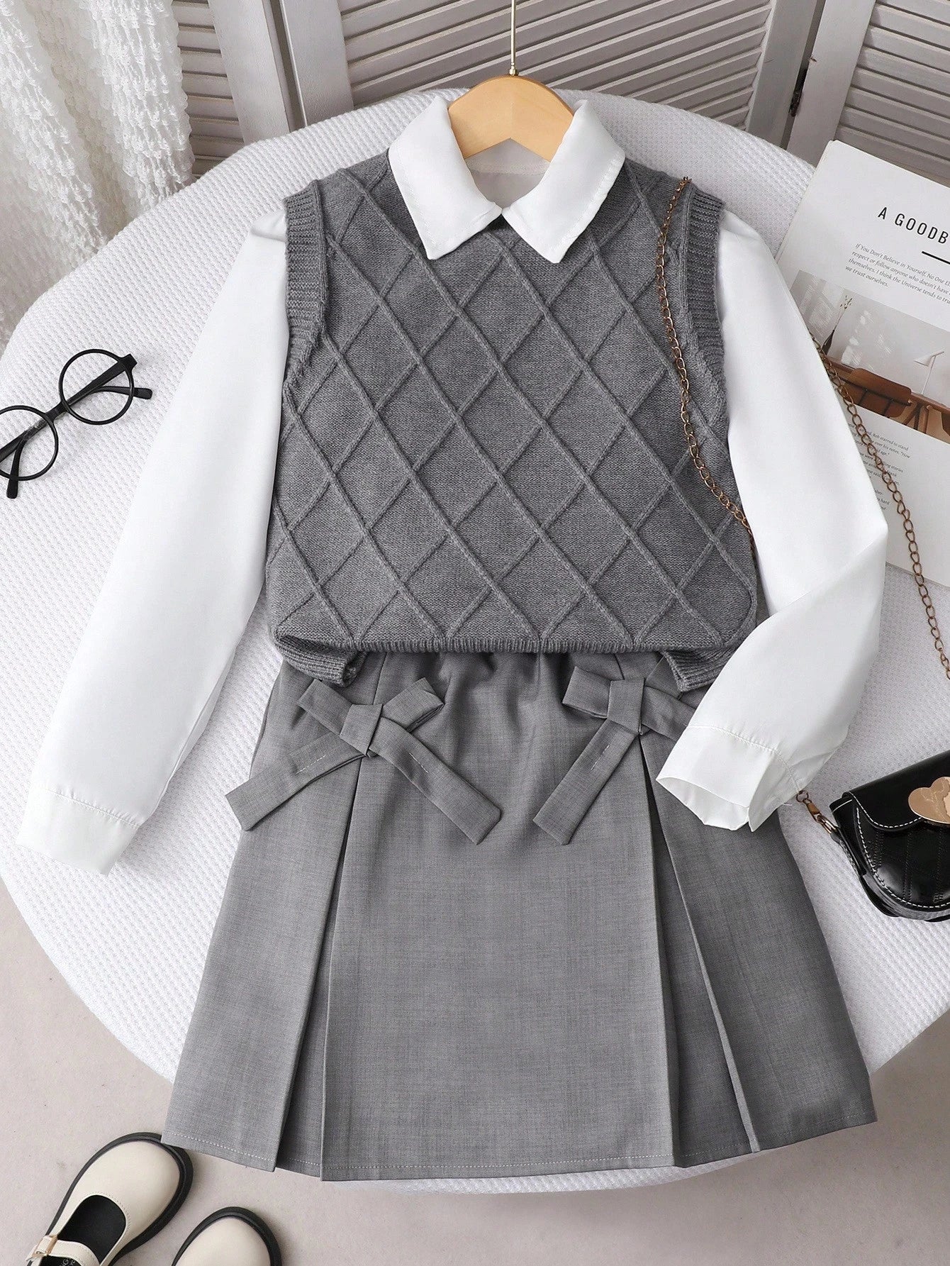 3pcs/Set Girls Argyle Vest Top, White Shirt, And Bowknot Pleated Dress