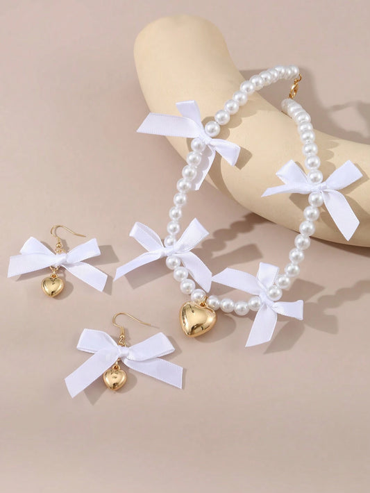 3pcs/Set Girls' Butterfly And Heart Faux Pearl Beaded Necklace And Earring Set White