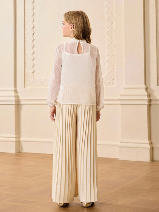 Solid Color Jacquard Fabric Semi-Sheer Blouse With Cropped Camisole And Pleated Long Pants