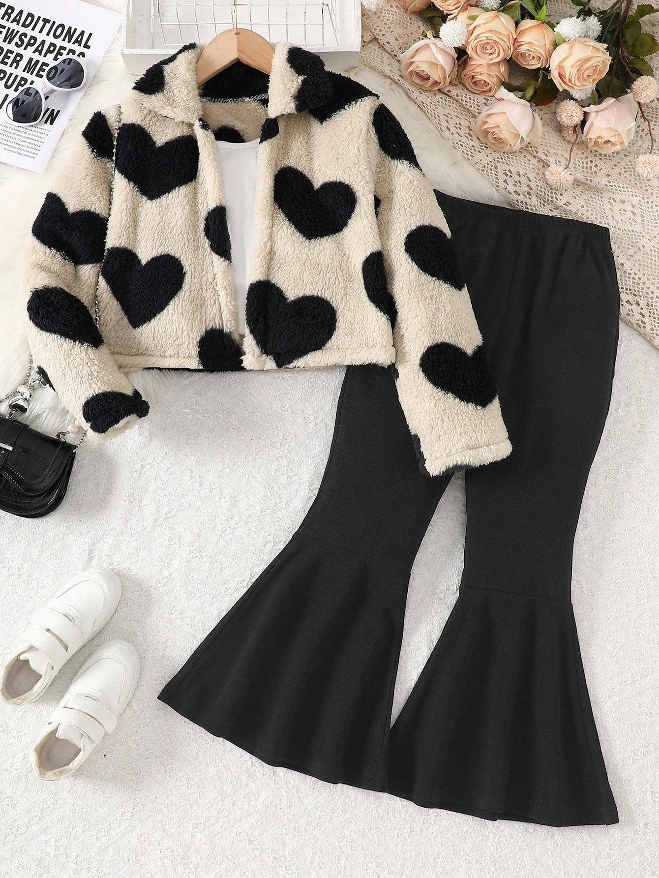 Camisole, Fluffy Heart Print Jacket, Casual Flare Pants