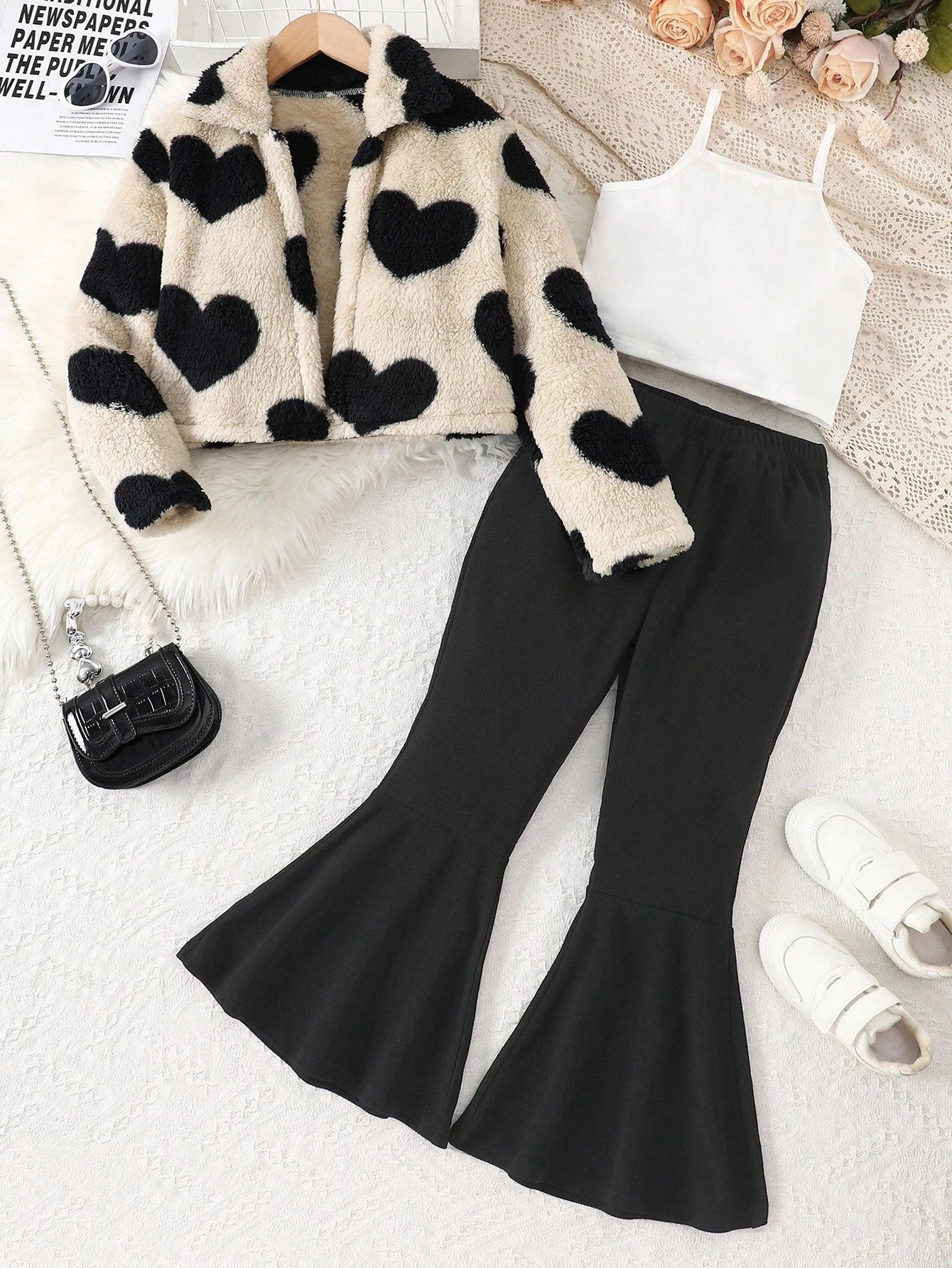 Camisole, Fluffy Heart Print Jacket, Casual Flare Pants