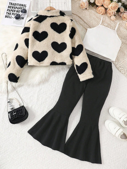 Camisole, Fluffy Heart Print Jacket, Casual Flare Pants