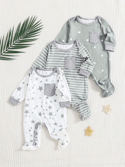 3-Piece Set Star Print Footie Jumpsuit Light Grey