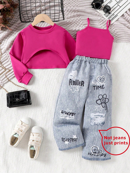 Mummy & Mee Toddler Girls' Casual Long Sleeve Lightweight Pullover, Sleeveless Tank Top, And Denim Effect-Look Pants Set, 7Y